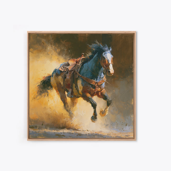 Galloping Horse in Golden Dust and Sunlight Canvas Print, Equestrian Art, Wall Art, Living Room Decor, Oil Painting, Equestrian, EQU-1x1-97
