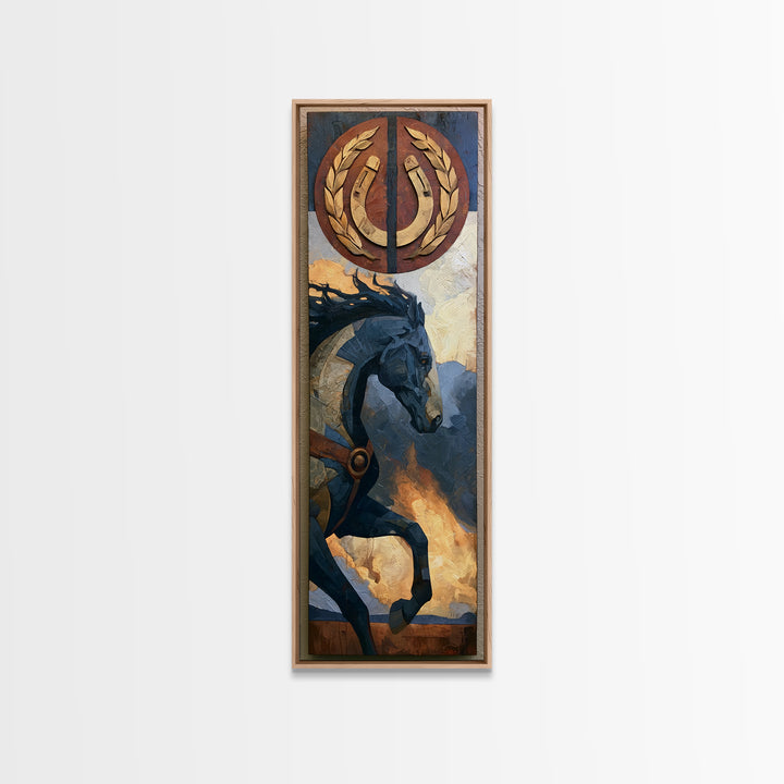 Equestrian Crest with Laurel and Horseshoe Canvas Print, Equestrian Art, Abstract Painting, Living Room Decor, Equestrian, EQU-1x3-10