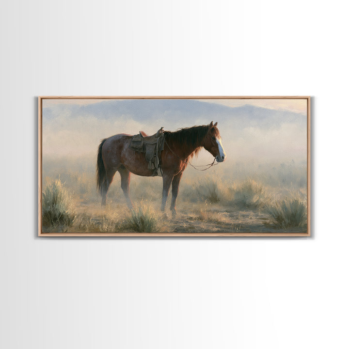 Horse in Misty Pasture with Peaceful Mood Canvas Print, Equestrian Art, Statement Artwork, Living Room Decor, Equestrian, EQU-2x1-20