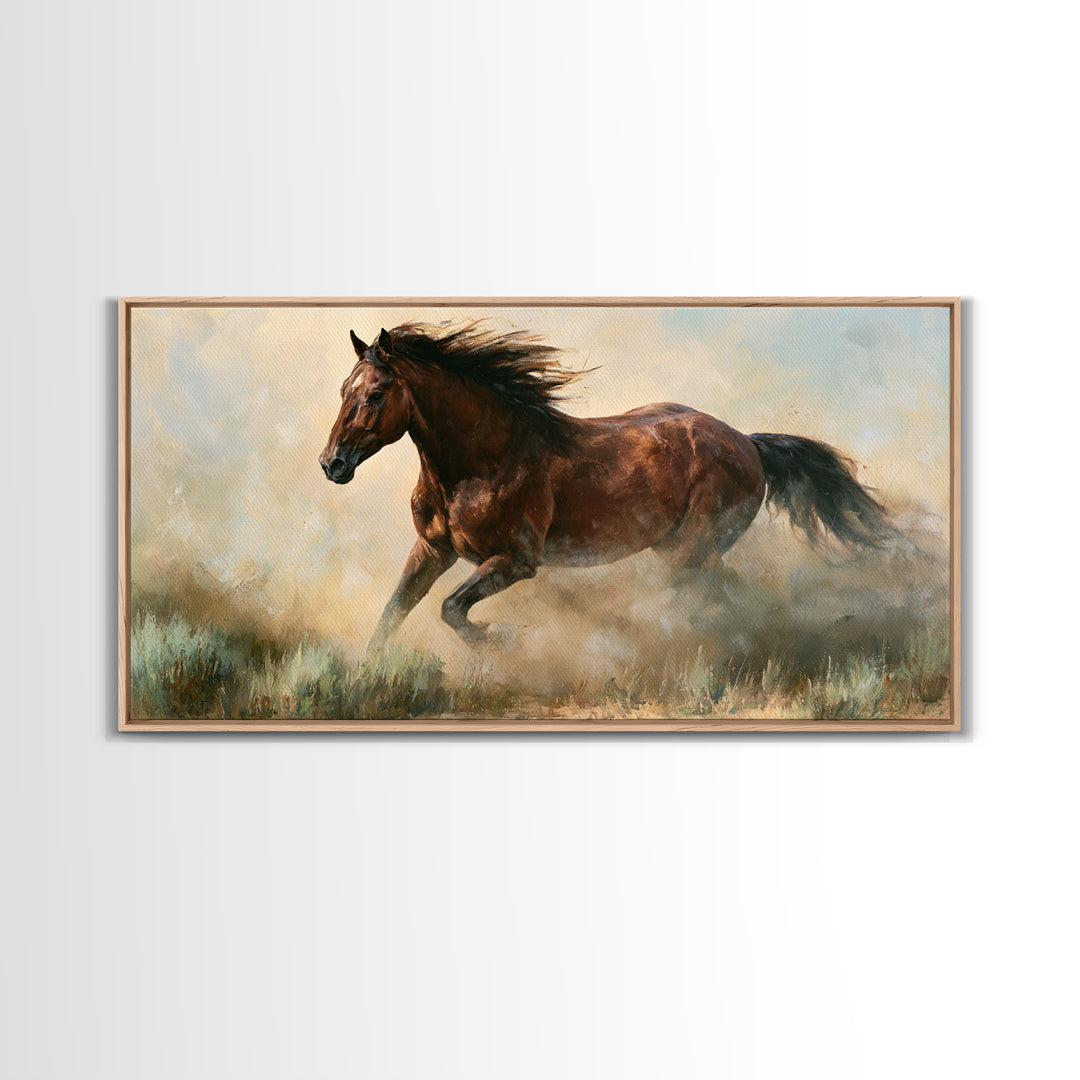 Galloping Horse in Golden Dust and Sunlight Canvas Print, Equestrian Art, Wall Art, Living Room Decor, Oil Painting, Equestrian, EQU-2x1-21