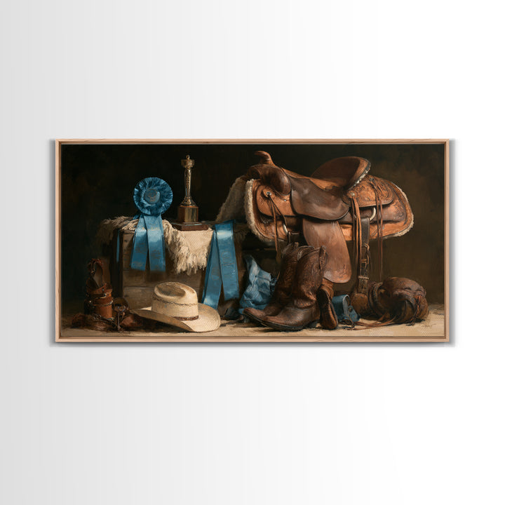 Blue Ribbon and Saddle Competition Still Life Canvas Print, Equestrian Art, Minimalist Decor, Living Room Decor, Equestrian, EQU-2x1-37