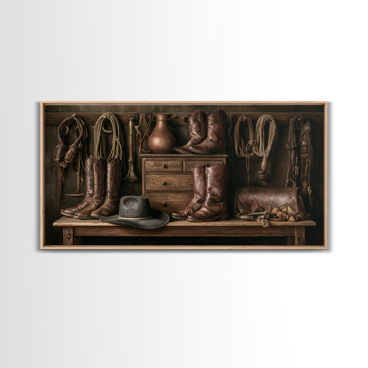 Stable Tools Arranged Like Old Master Still Framed Canvas Print, Equestrian Art, Retro Poster, Living Room Decor, Equestrian, EQU-2x1-67