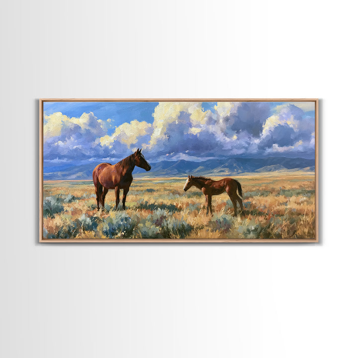 Horse and Foal Framed Canvas Print, Equestrian Art, Modern Wall Art, Living Room Decor, Oil Painting, Equestrian, Western Art, EQU-2x1-80