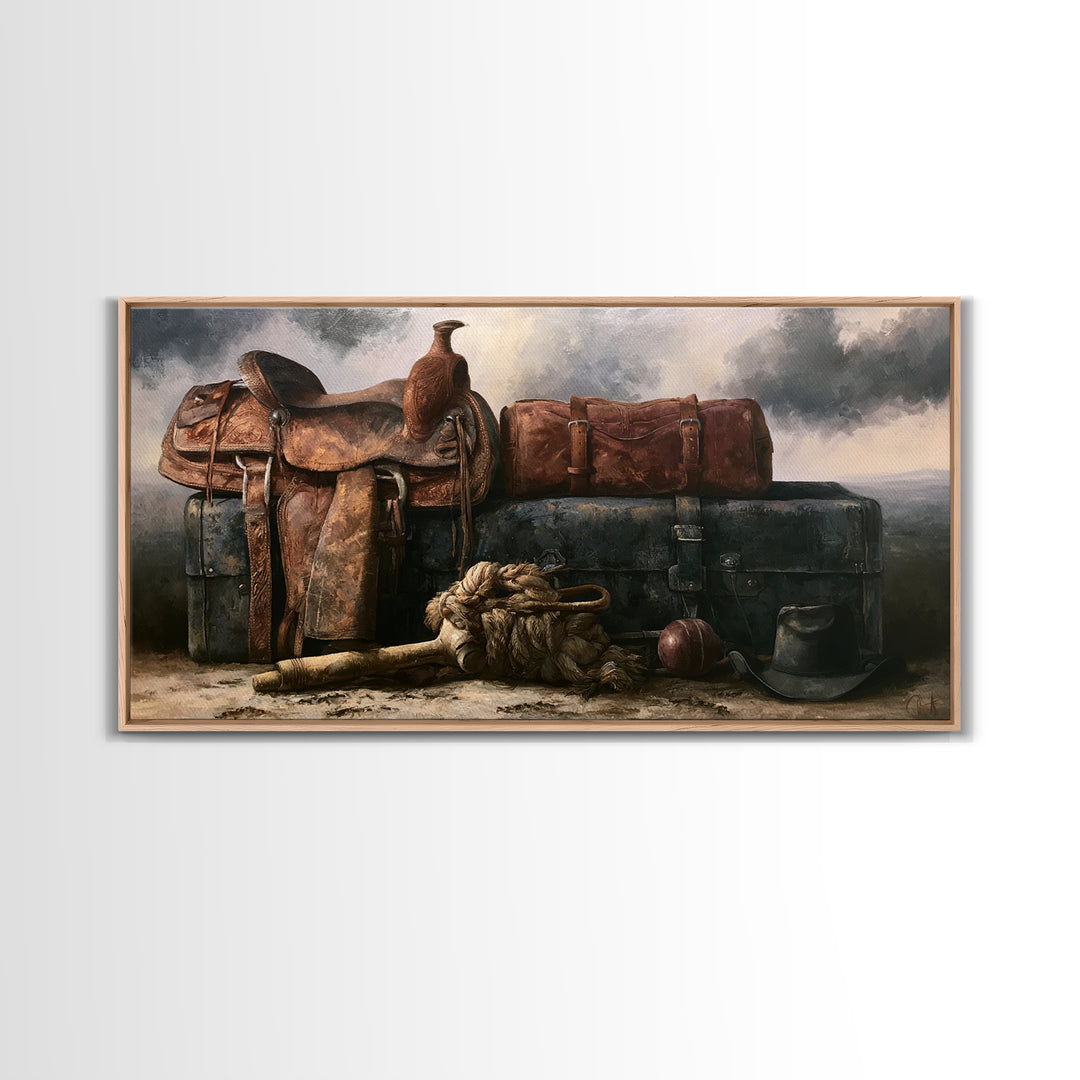Stable Tools Arranged Like Old Master Still Framed Canvas Print, Equestrian Art, Large Wall Art, Living Room Decor, Equestrian, EQU-2x1-91