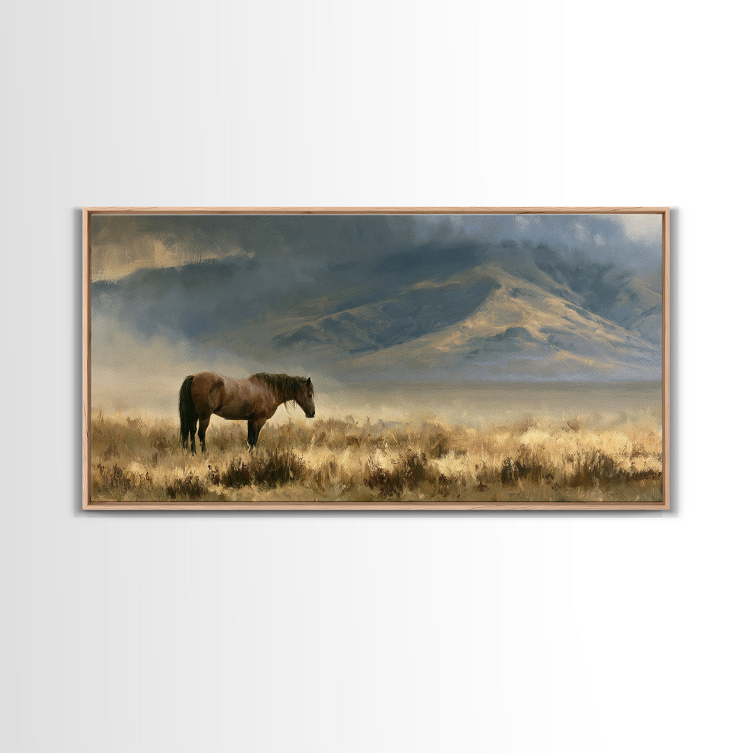 Horse in Misty Pasture with Peaceful Mood Canvas Print, Equestrian Art, Boho Wall Art, Living Room Decor, Equestrian, EQU-2x1-92