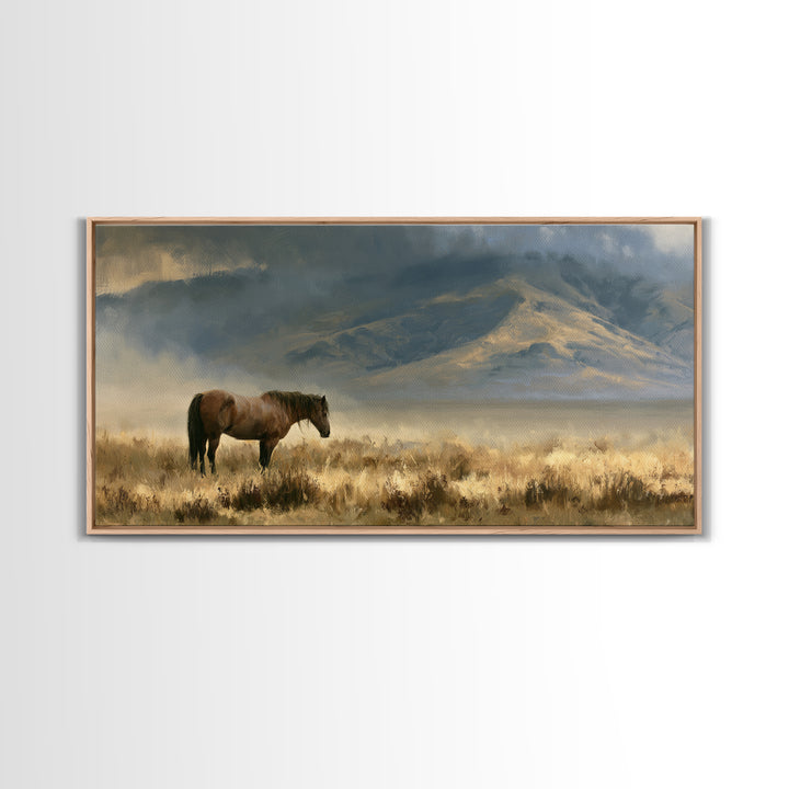 Horse in Misty Pasture with Peaceful Mood Canvas Print, Equestrian Art, Boho Wall Art, Living Room Decor, Equestrian, EQU-2x1-92