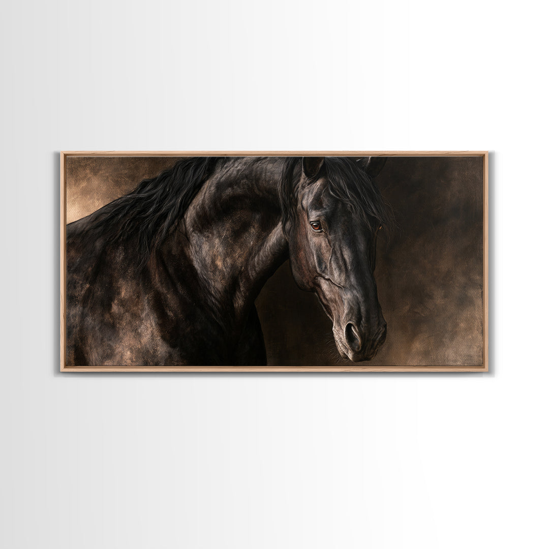 Black Horse Portrait on Deep Charcoal Background Canvas Print, Equestrian Art, Wall Decor, Living Room Decor, Equestrian, EQU-2x1-94