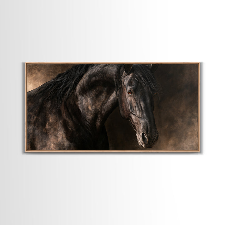 Black Horse Portrait on Deep Charcoal Background Canvas Print, Equestrian Art, Wall Decor, Living Room Decor, Equestrian, EQU-2x1-94