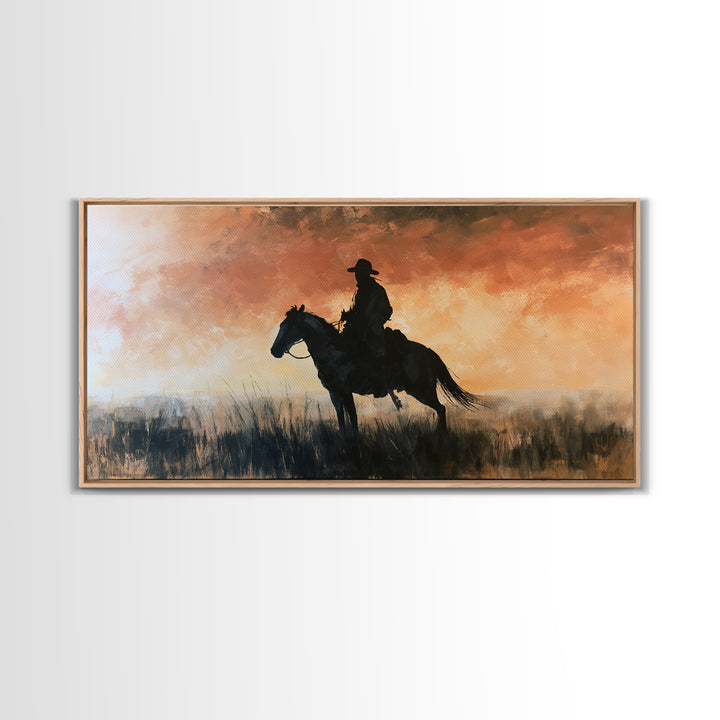 Equestrian Rider Silhouette at Sunrise Framed Canvas Print, Equestrian Art, Western Art, Living Room Decor, Equestrian, EQU-2x1-95