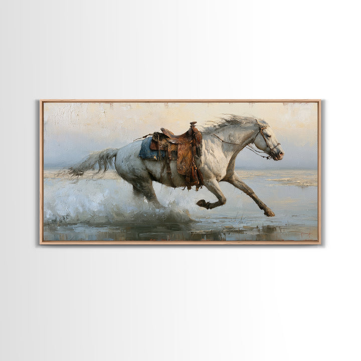 White Horse Running Through Shallow Water Framed Canvas Print, Equestrian Art, Living Room Decor, Fine Art, Equestrian, EQU-2x1-97