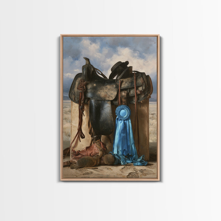 Blue Ribbon and Saddle Competition Still Life Framed Canvas Print, Equestrian Art, Wall Art, Living Room Decor, Equestrian, EQU-2x3-1