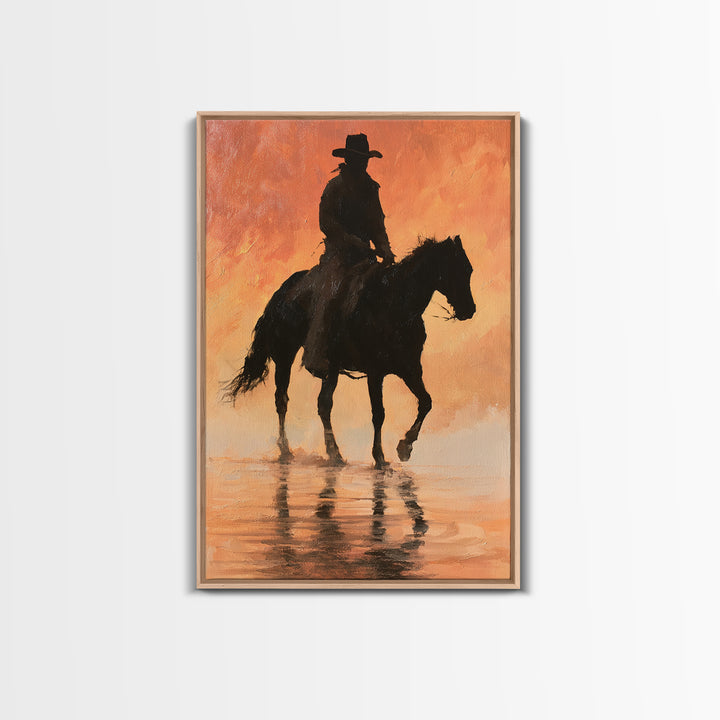 Equestrian Rider Silhouette at Sunrise Canvas Print, Equestrian Art, Antique Oil Painting, Living Room Decor, Abstract Art, EQU-2x3-11