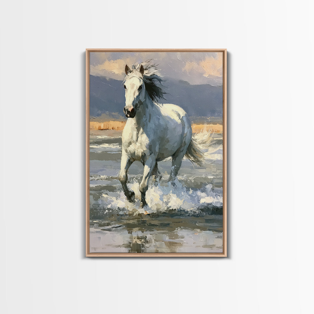 White Horse Running Through Shallow Water Canvas Print, Equestrian Art, Digital Print, Living Room Decor, Fine Art, Equestrian, EQU-2x3-61