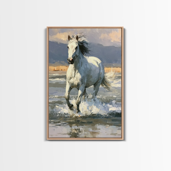 White Horse Running Through Shallow Water Canvas Print, Equestrian Art, Digital Print, Living Room Decor, Fine Art, Equestrian, EQU-2x3-61