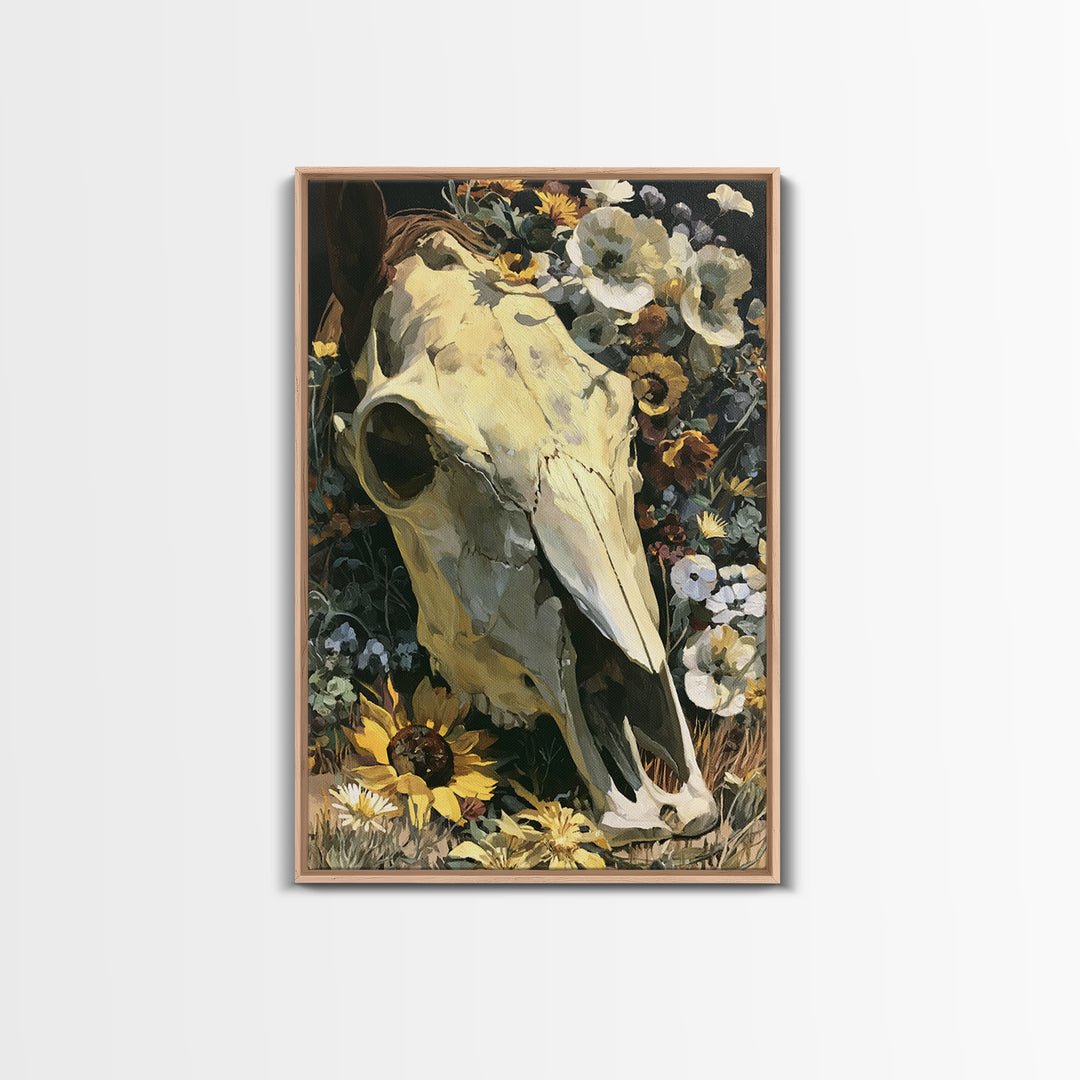 Horse Skull with Desert Flowers in Western Canvas Print, Equestrian Art, Living Room Decor, Equestrian, Farmhouse Wall Art, EQU-2x3-77