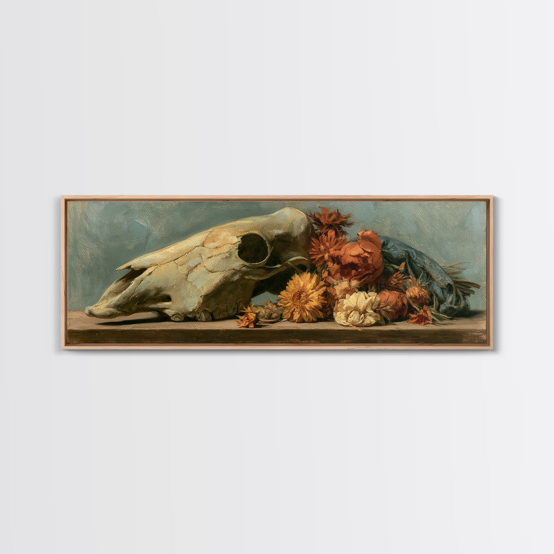 Horse Skull with Desert Flowers in Western Canvas Print, Equestrian Art, Modern Wall Art, Living Room Decor, Equestrian, EQU-3x1-37