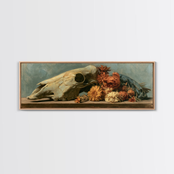 Horse Skull with Desert Flowers in Western Canvas Print, Equestrian Art, Modern Wall Art, Living Room Decor, Equestrian, EQU-3x1-37