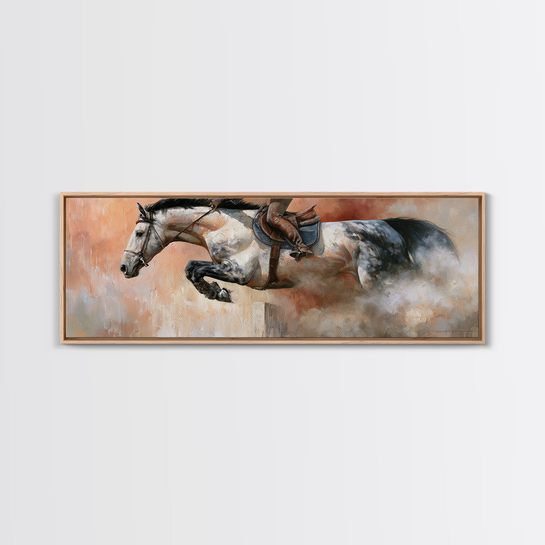 Show Jumping Horse Mid Leap Framed Canvas Print, Equestrian Art, Wall Decor, Living Room Decor, Oil Painting, Equestrian, EQU-3x1-47