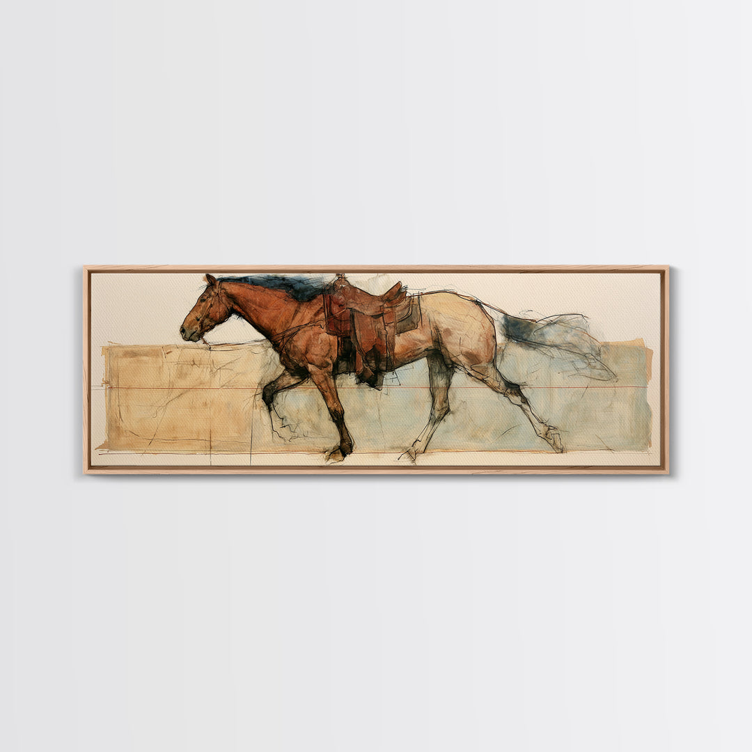 Minimal Horse Contour Drawing on Cream Paper Canvas Print, Equestrian Art, Digital Print, Living Room Decor, Equestrian, EQU-3x1-5