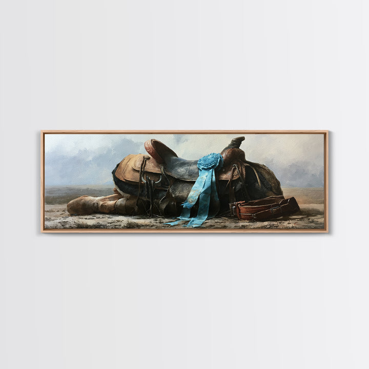 Blue Ribbon and Saddle Competition Still Life Canvas Print, Equestrian Art, Moody Wall Art, Living Room Decor, Equestrian, EQU-3x1-57