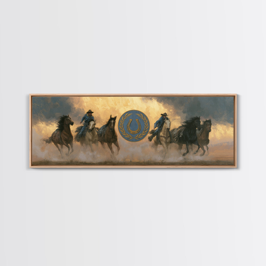 Equestrian Crest with Laurel and Horseshoe Canvas Print, Equestrian Art, Gallery Decor, Living Room Decor, Oil Painting, EQU-3x1-62