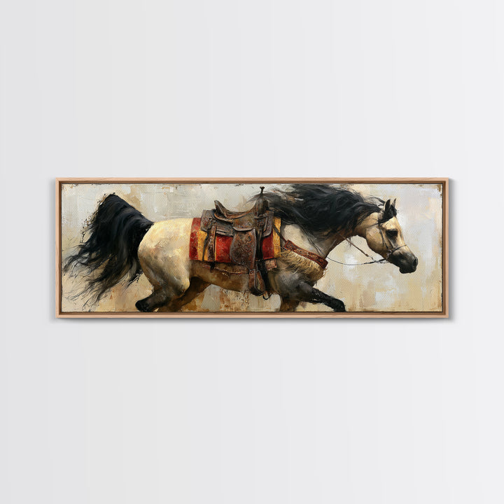 Arabian Horse with Ornate Tack and Silk Framed Canvas Print, Equestrian Art, Neutral Decor, Living Room Decor, Equestrian, EQU-3x1-7