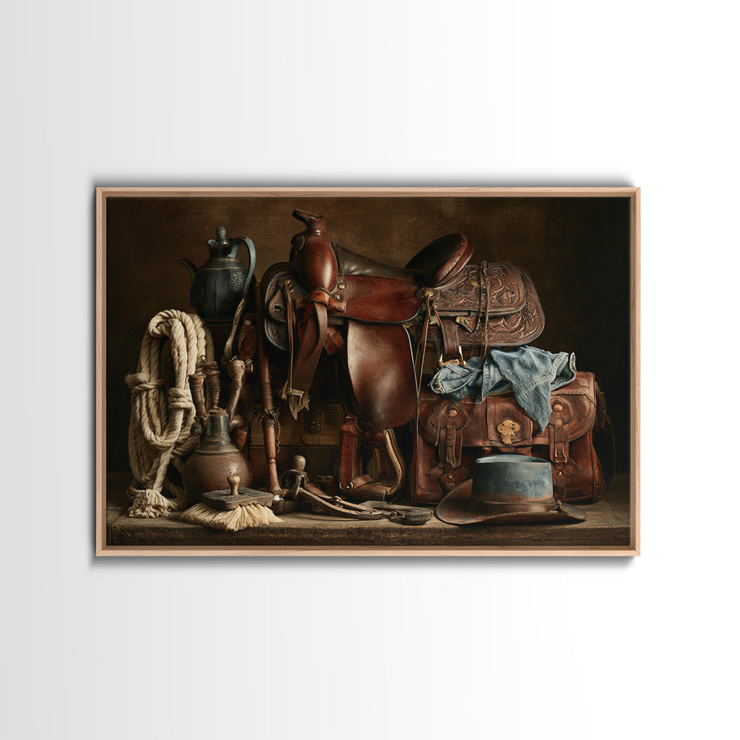 Stable Tools Arranged Like Old Master Still Canvas Print, Equestrian Art, Boho Wall Art, Living Room Decor, Equestrian, EQU-3x2-3