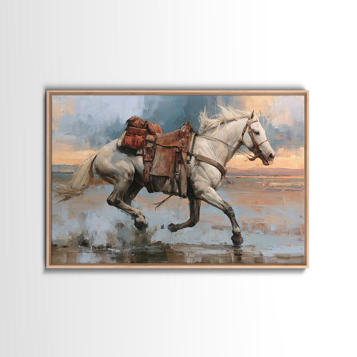 White Horse Running Through Shallow Water Canvas Print, Equestrian Art, Cabin Decor, Living Room Decor, Fine Art, Equestrian, EQU-3x2-33