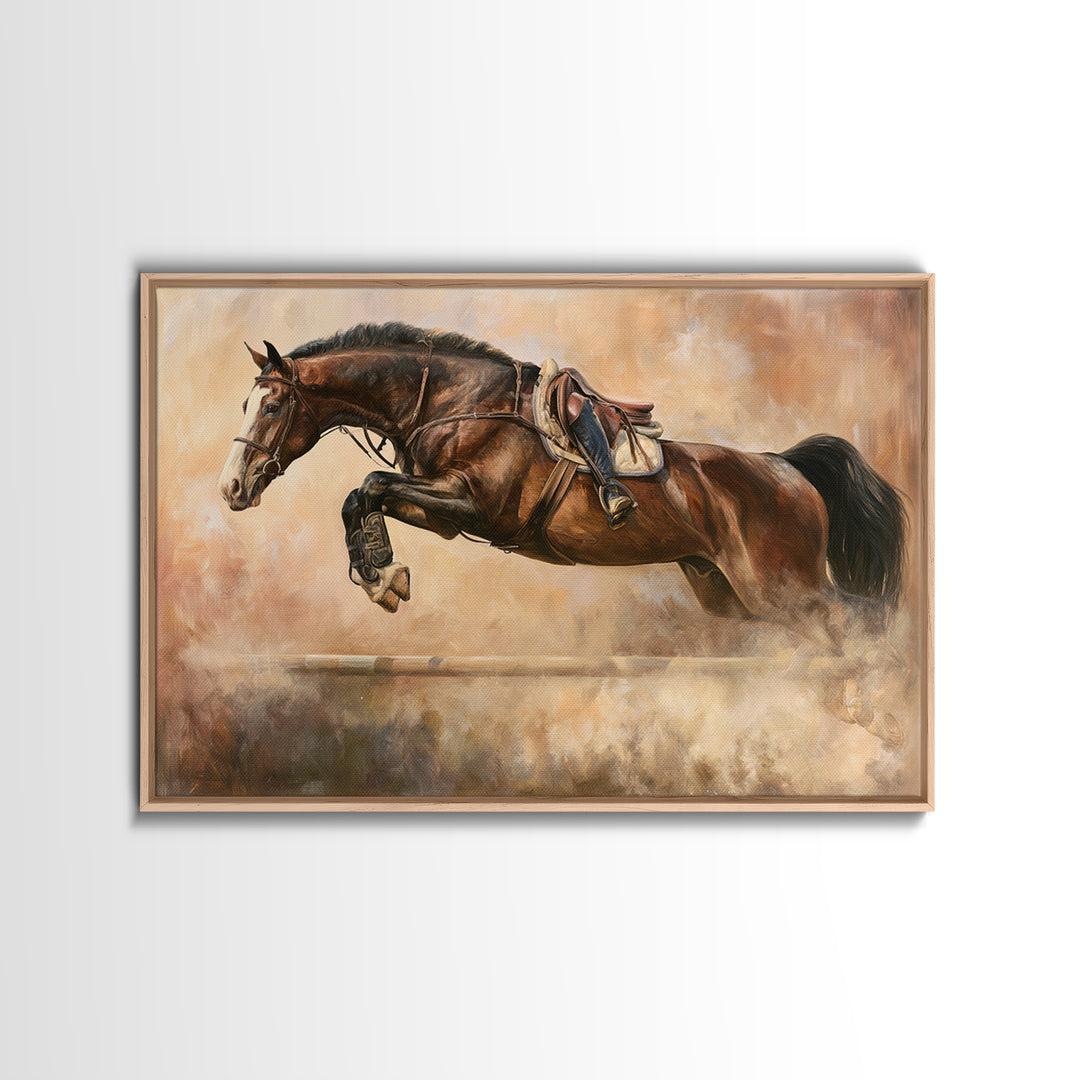 Show Jumping Horse Mid Leap Framed Canvas Print, Equestrian Art, Gallery Wall Art, Living Room Decor, Fine Art, Equestrian, EQU-3x2-35