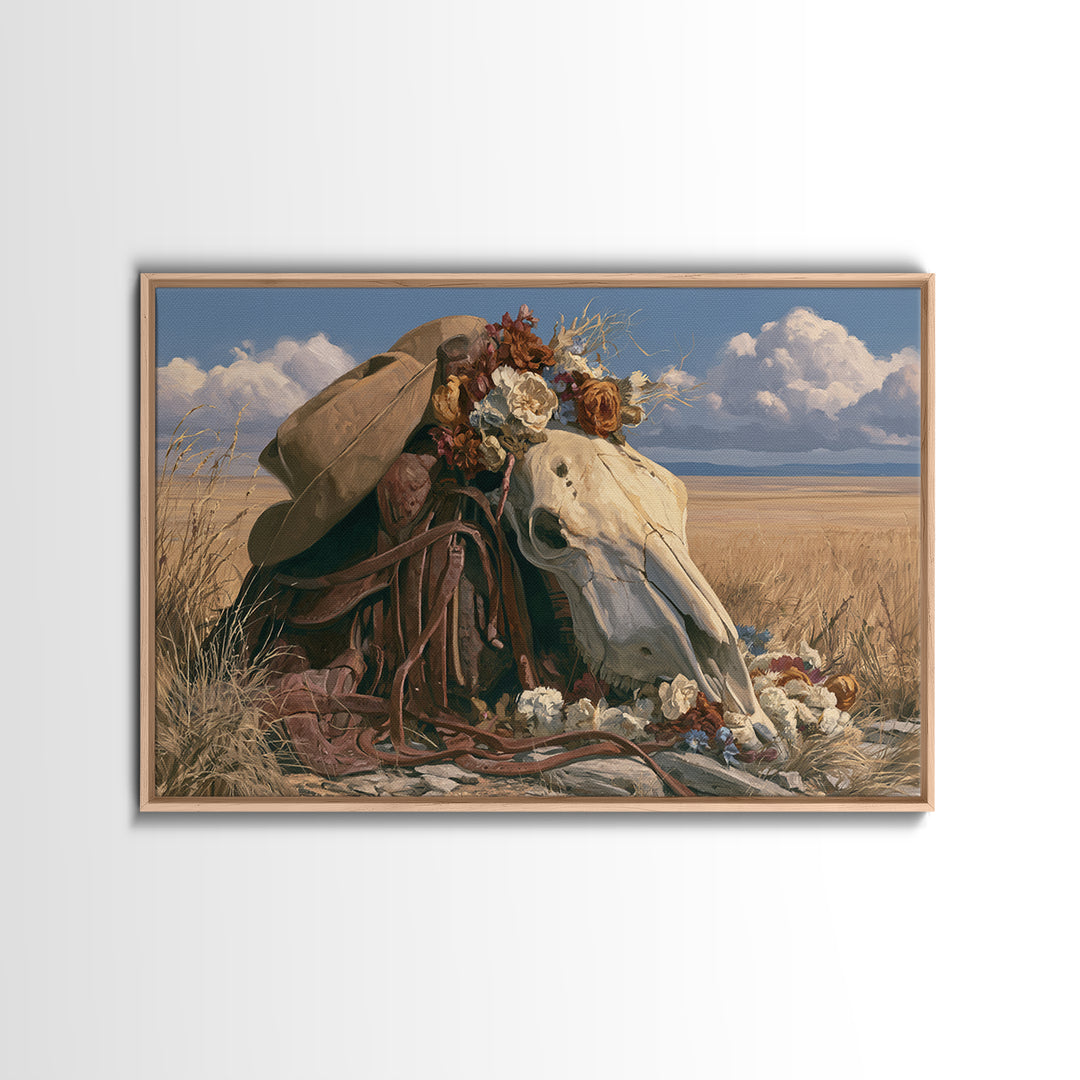 Horse Skull with Desert Flowers in Western Canvas Print, Equestrian Art, French Country Decor, Living Room Decor, Equestrian, EQU-3x2-49