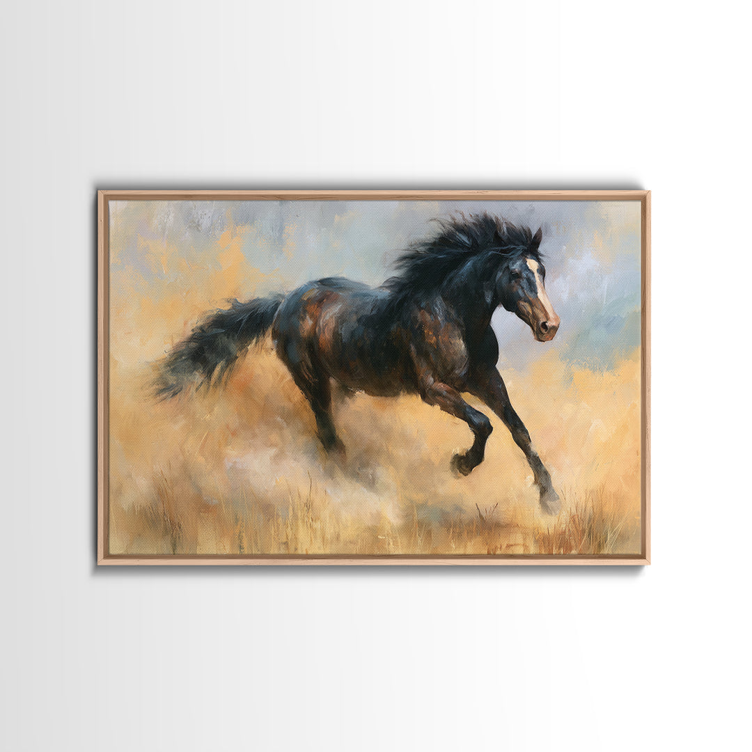 Galloping Horse in Golden Dust and Sunlight Canvas Print, Equestrian Art, Abstract Painting, Living Room Decor, Equestrian, EQU-3x2-5
