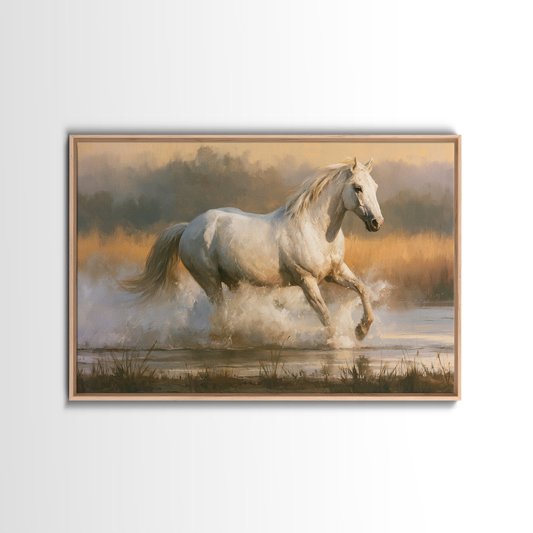 White Horse Running Through Shallow Water Canvas Print, Equestrian Art, Cabin Decor, Living Room Decor, Fine Art, Equestrian, EQU-3x2-57