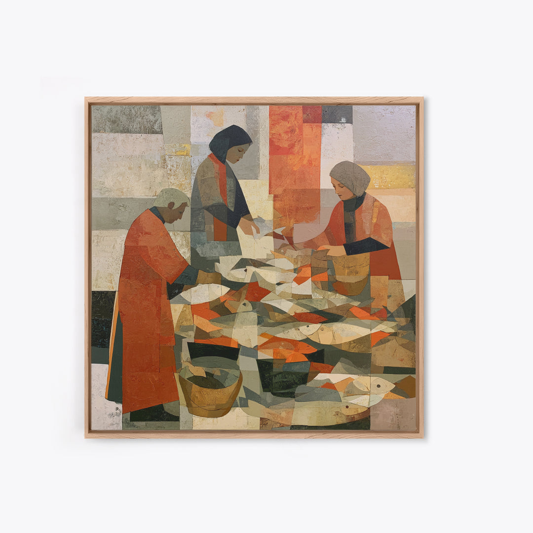 Fish Market Scene Framed Canvas Print, Expressionist Art, Minimalist Wall Art, Living Room Decor, Fine Art, Expression, EXP-1x1-46