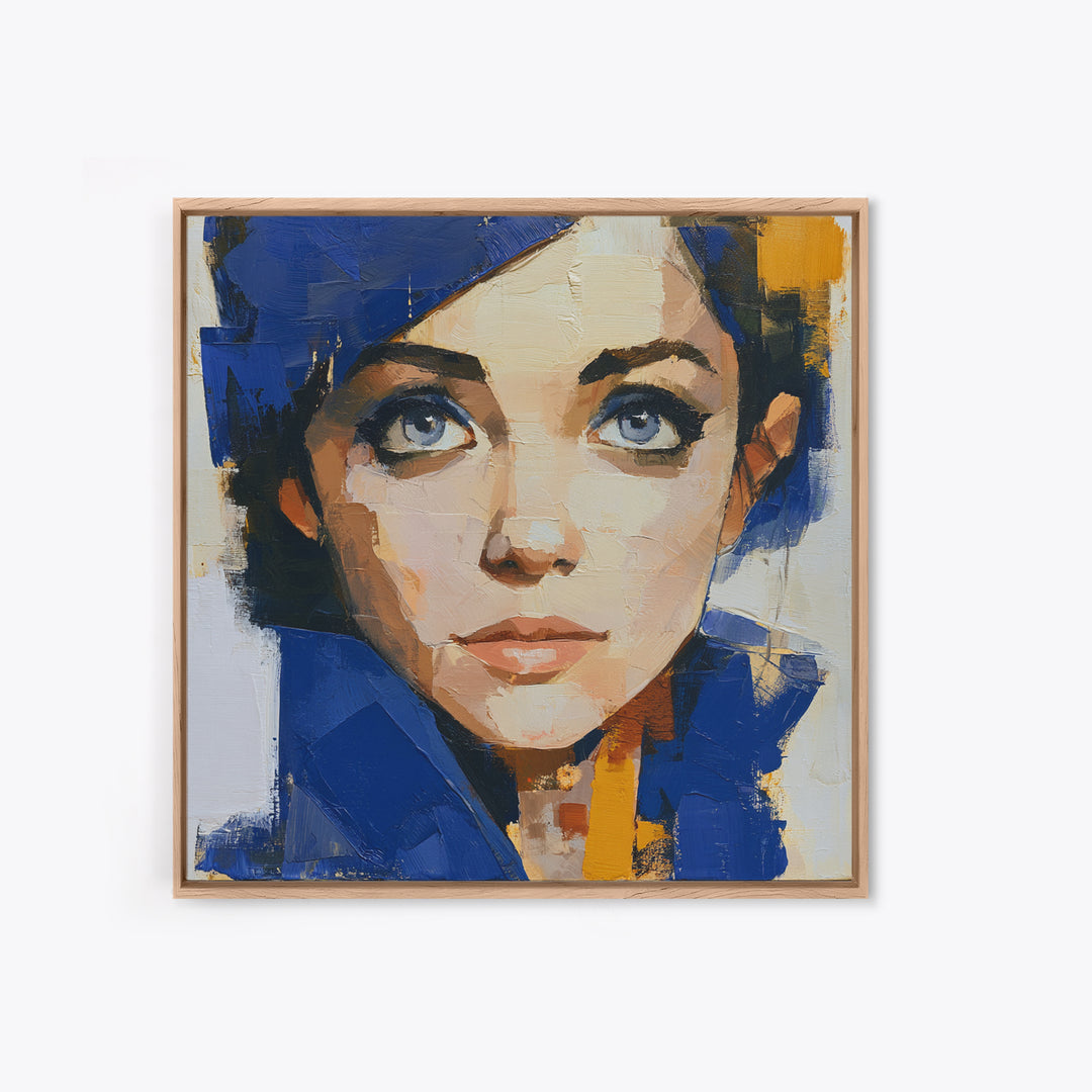 Woman in Blue with Dramatic Expressive Eyes Canvas Print, Expressionist Art, Minimalist Decor, Living Room Decor, Expression, EXP-1x1-88