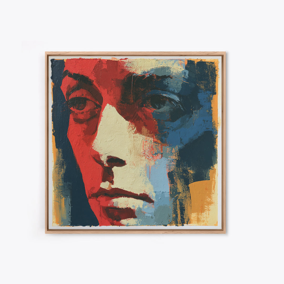 Emotional Portrait with Bold Red and Blue Canvas Print, Expressionist Art, Textured Painting, Living Room Decor, Expression, EXP-1x1-98