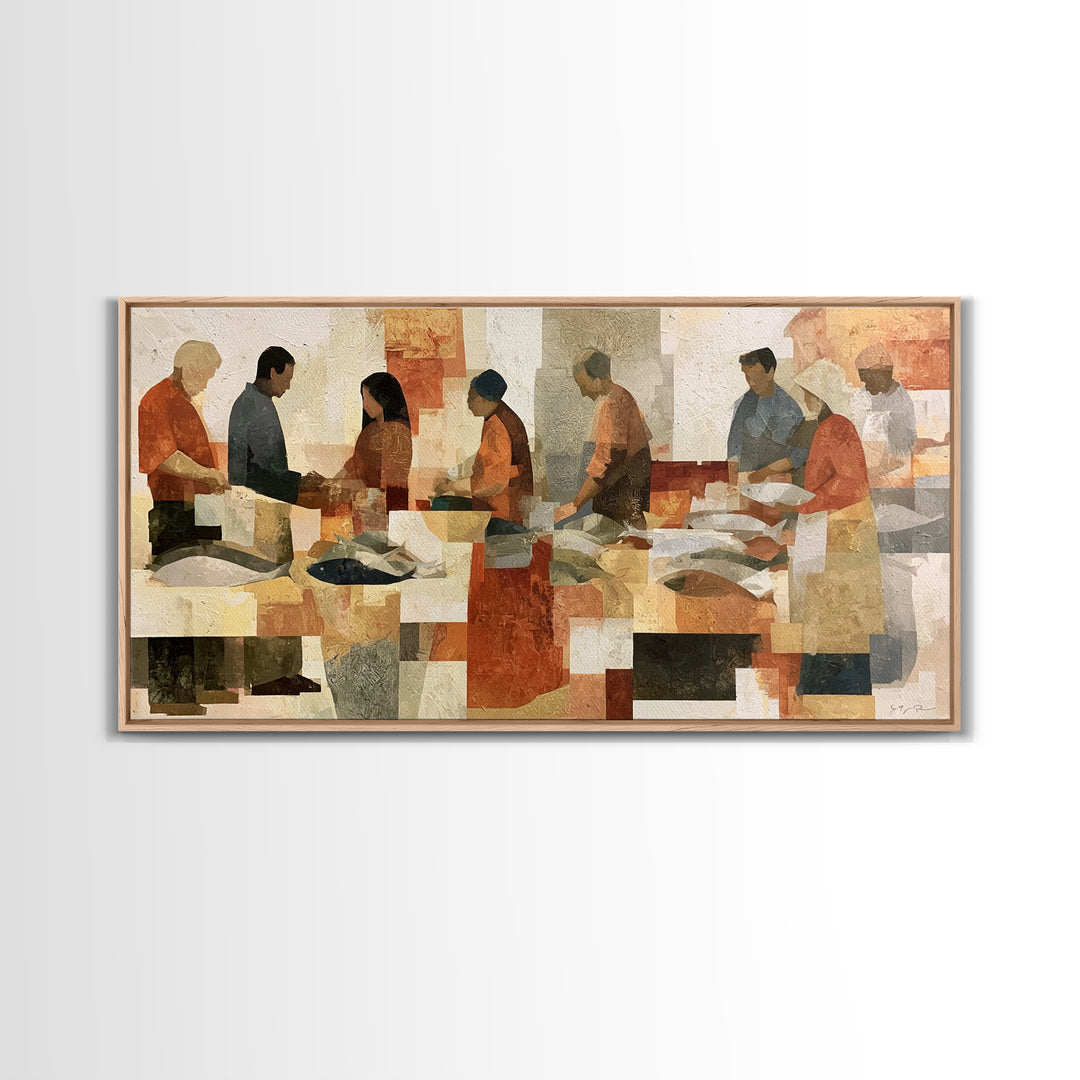 Fish Market Scene Framed Canvas Print, Expressionist Art, Room Decor, Living Room Decor, Abstract Art, Expression, EXP-2x1-18