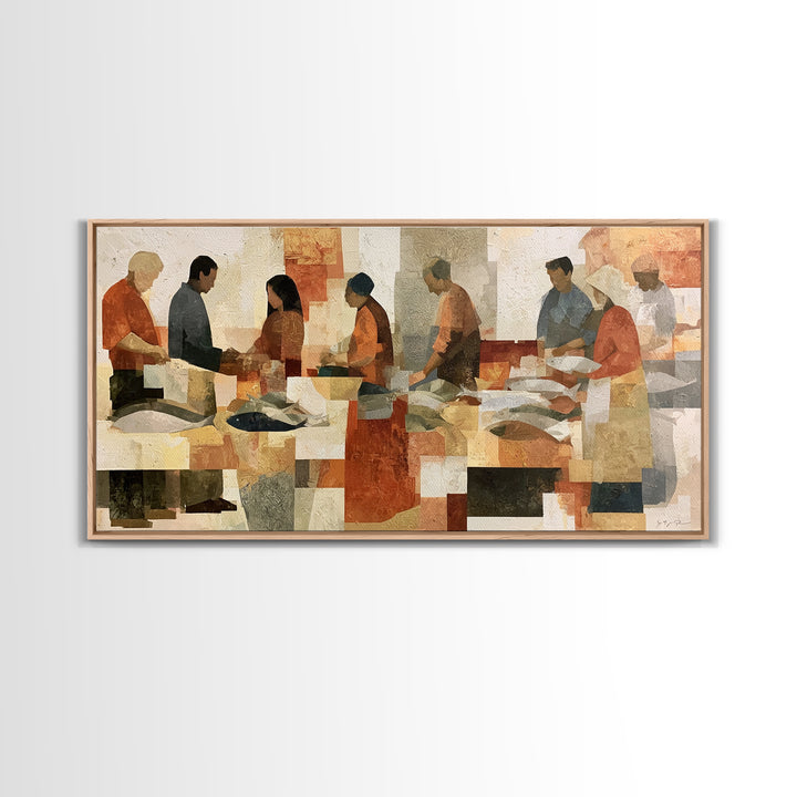 Fish Market Scene Framed Canvas Print, Expressionist Art, Room Decor, Living Room Decor, Abstract Art, Expression, EXP-2x1-18