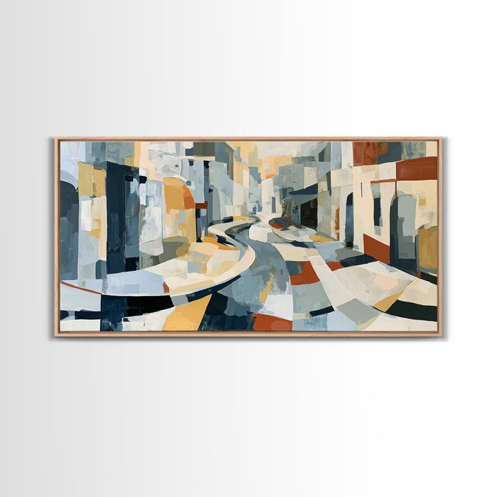 Distorted City Street Framed Canvas Print, Expressionist Art, Abstract Art, Living Room Decor, Expression, Blue Wall Art, EXP-2x1-45