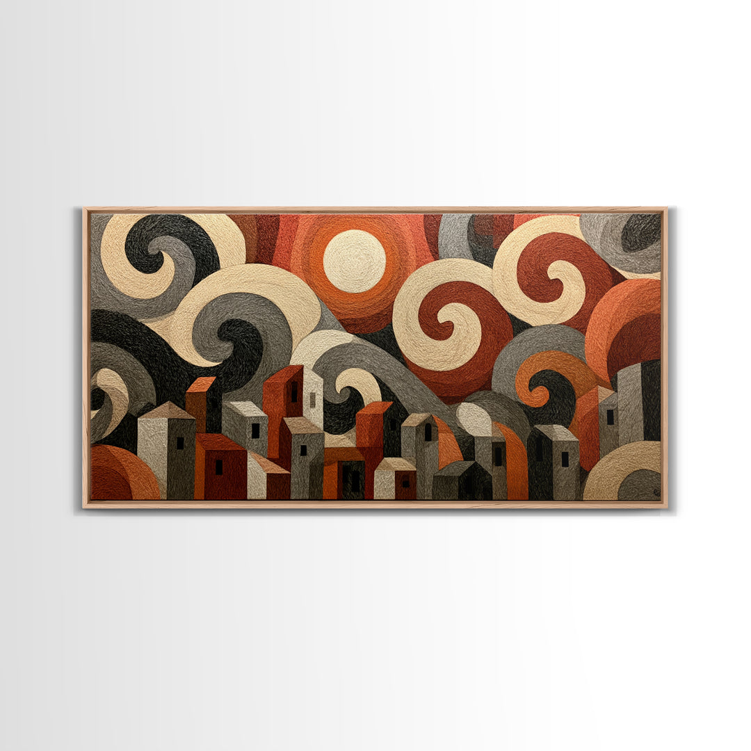 Moonlit Village with Swirling Unnatural Color Framed Canvas Print, Expressionist Art, Art Print, Living Room Decor, Expression, EXP-2x1-56