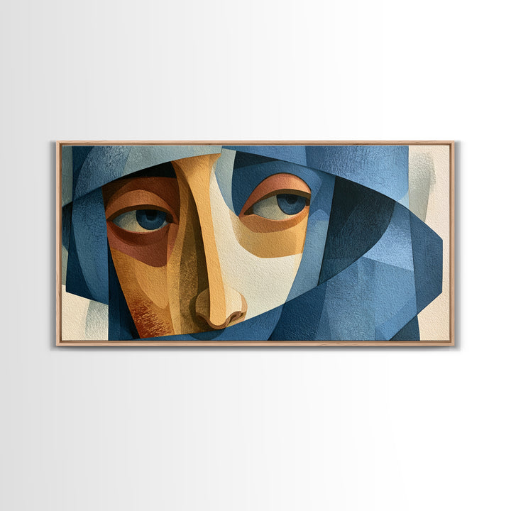 Woman in Blue with Dramatic Expressive Eyes Framed Canvas Print, Expressionist Art, Digital Art, Living Room Decor, Expression, EXP-2x1-60