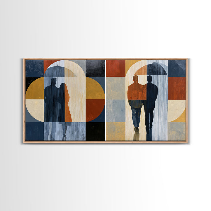 Couple Walking Through Rain Framed Canvas Print, Expressionist Art, Large Wall Art, Living Room Decor, Fine Art, Expression, EXP-2x1-91