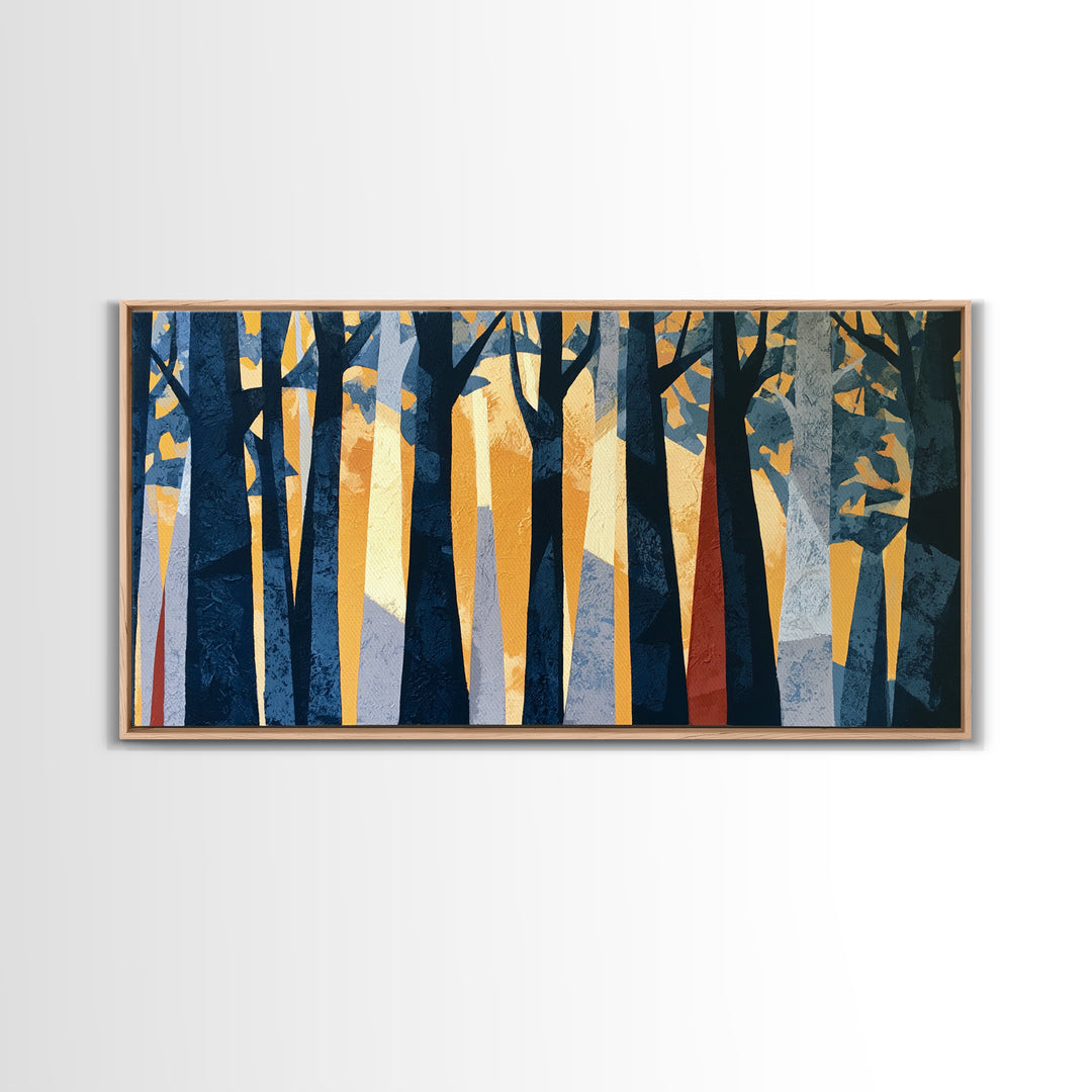 Dark Forest with Angular Trees and Yellow Canvas Print, Expressionist Art, Original Painting, Living Room Decor, Expression, EXP-2x1-98