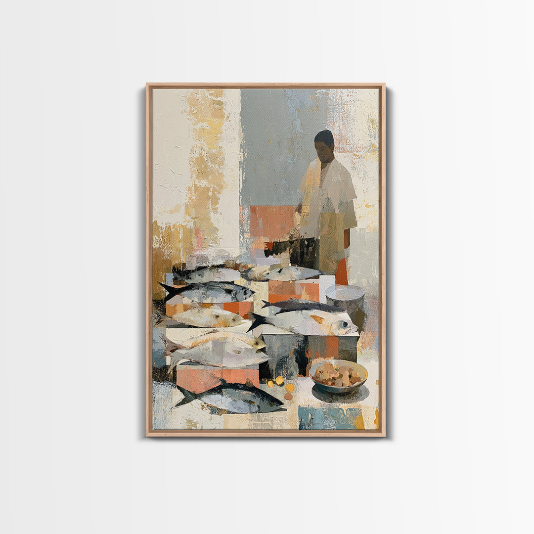 Fish Market Scene Framed Canvas Print, Expressionist Art, Minimalist Decor, Living Room Decor, Fine Art, Expression, EXP-2x3-6