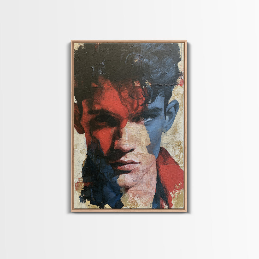Emotional Portrait with Bold Red and Blue Canvas Print, Expressionist Art, Large Wall Art, Living Room Decor, Expression, EXP-2x3-82