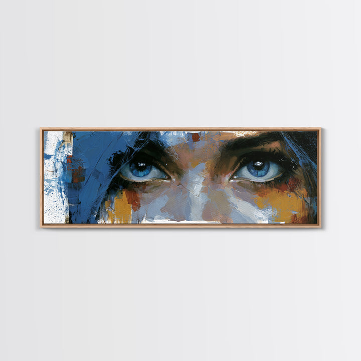 Woman in Blue with Dramatic Expressive Eyes Canvas Print, Expressionist Art, Colorful Wall Art, Living Room Decor, Expression, EXP-3x1-32