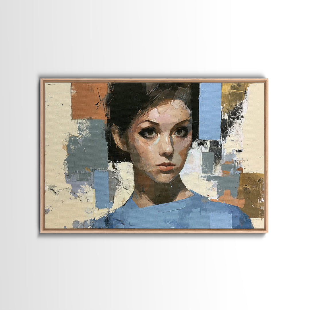 Woman in Blue with Dramatic Expressive Eyes Canvas Print, Expressionist Art, Colorful Wall Art, Living Room Decor, Expression, EXP-3x2-44