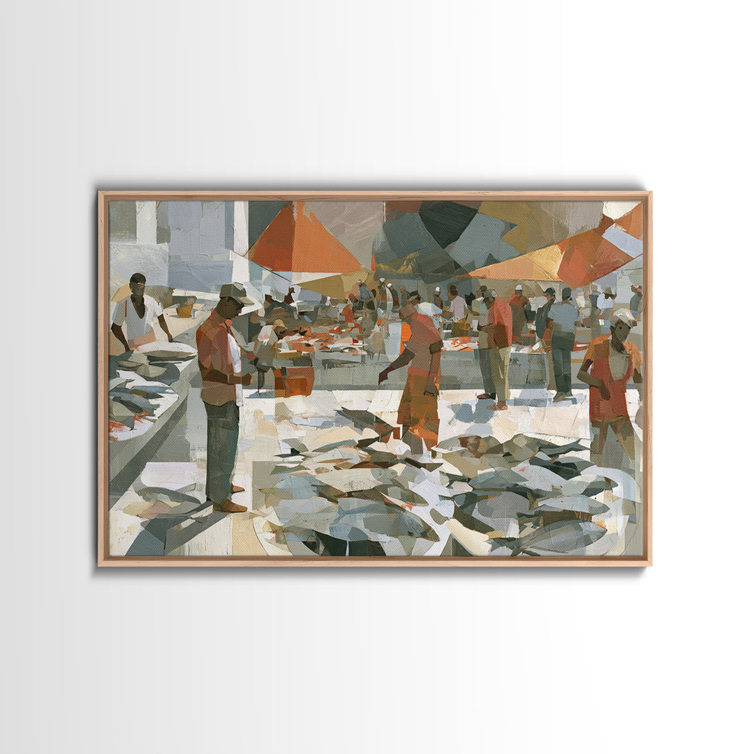 Fish Market Scene Framed Canvas Print, Expressionist Art, Modern Wall Art, Living Room Decor, Expression, Fine Art Print, EXP-3x2-50