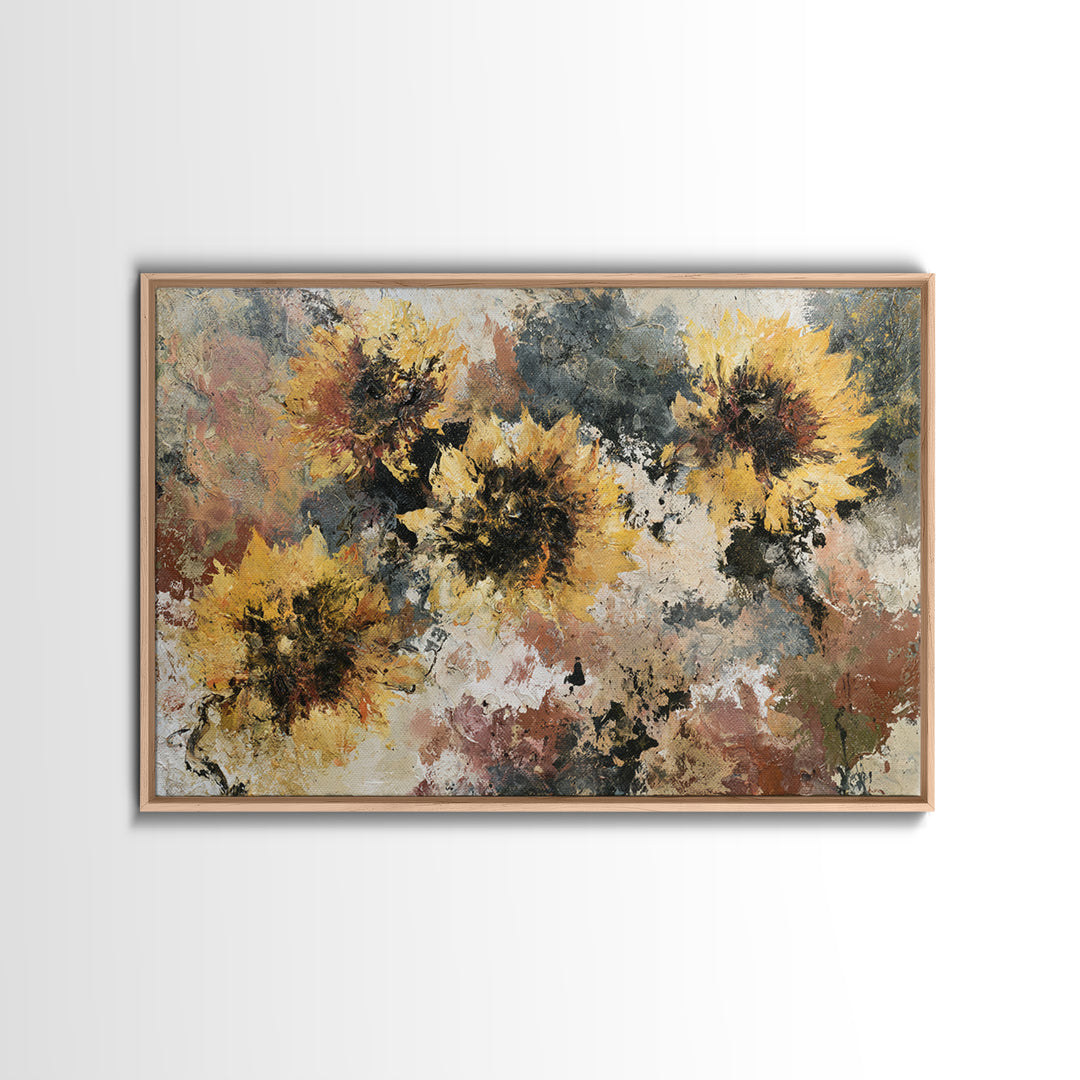 Sunflowers Twisting in Intense Painted Energy Canvas Print, Expressionist Art, Textured Painting, Living Room Decor, Expression, EXP-3x2-60