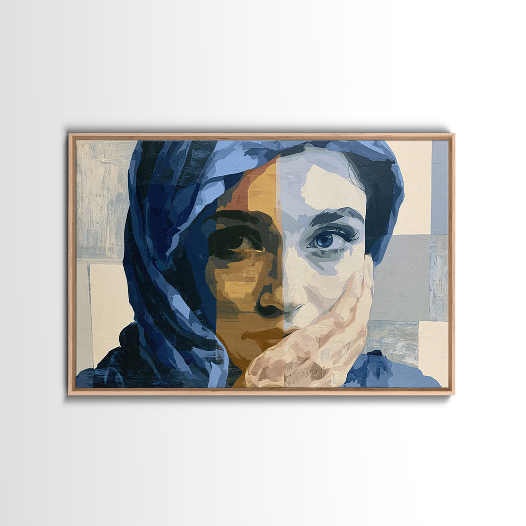 Woman in Blue with Dramatic Expressive Eyes Framed Canvas Print, Expressionist Art, Painting, Living Room Decor, Expression, EXP-3x2-92