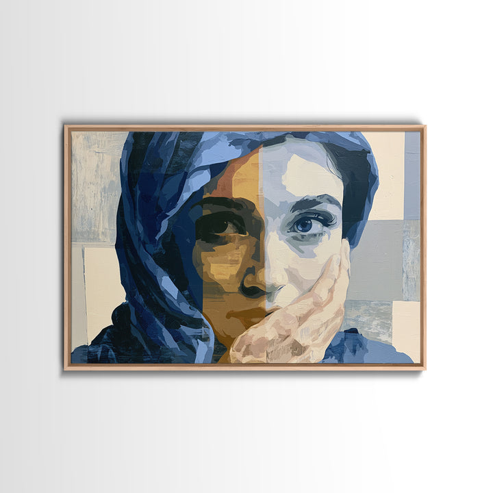 Woman in Blue with Dramatic Expressive Eyes Framed Canvas Print, Expressionist Art, Painting, Living Room Decor, Expression, EXP-3x2-92